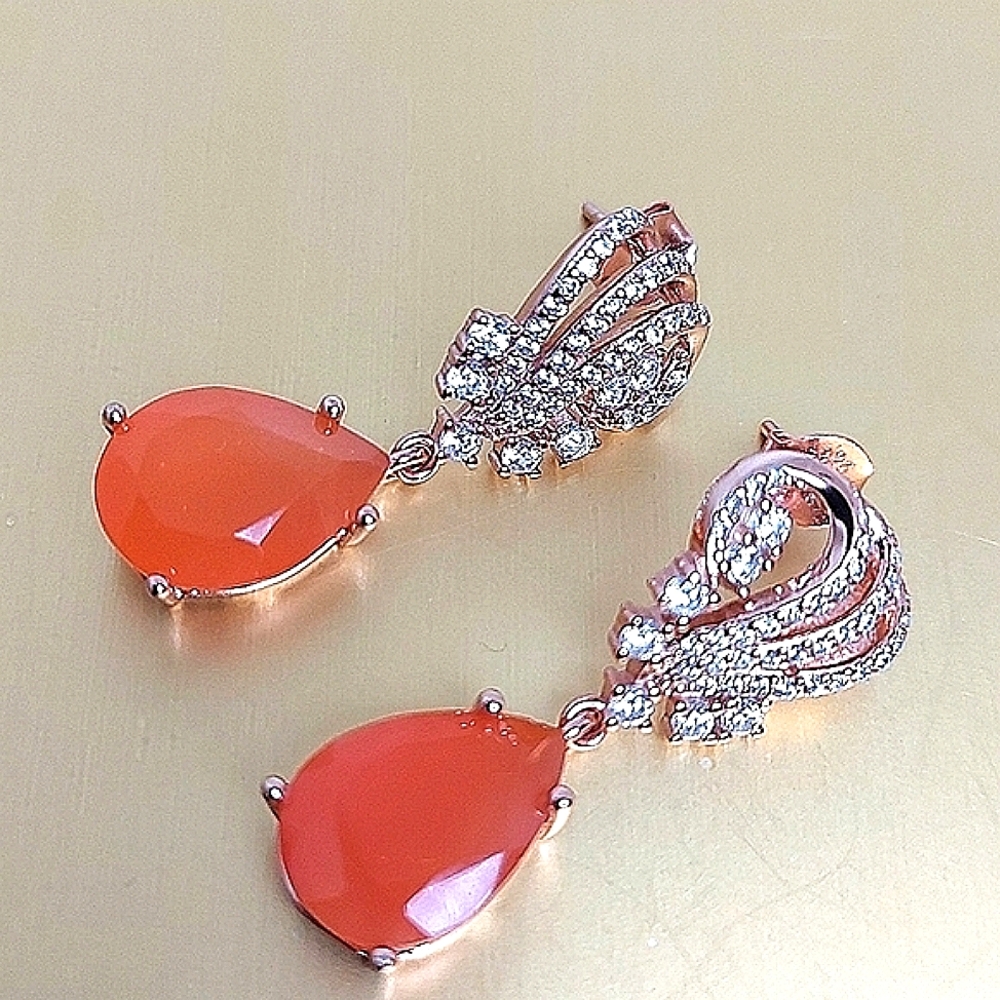 Natural 10X14mm Orange Carnelian & CZ 925 Sterling Silver Earrings
